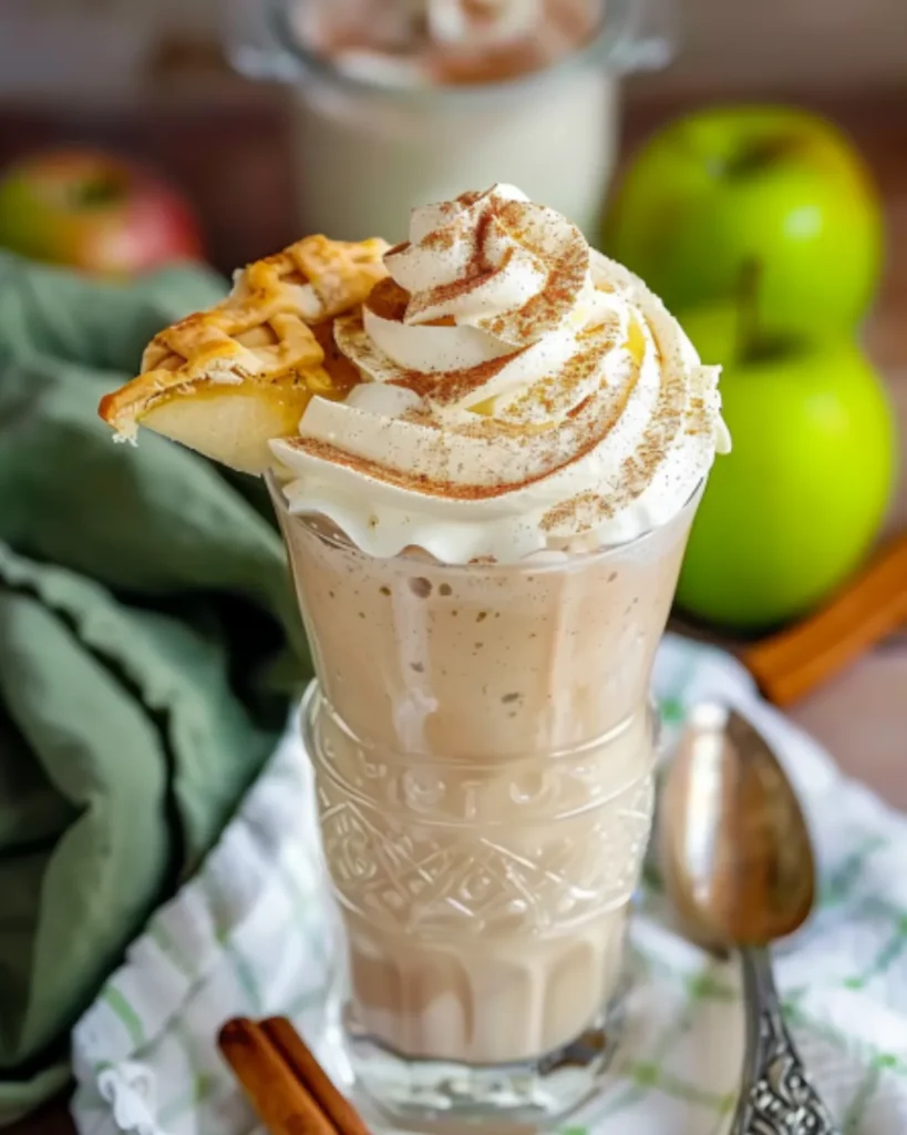 Apple Pie Milkshake served in a vintage glass, topped with whipped cream, cinnamon, and a slice of apple pie