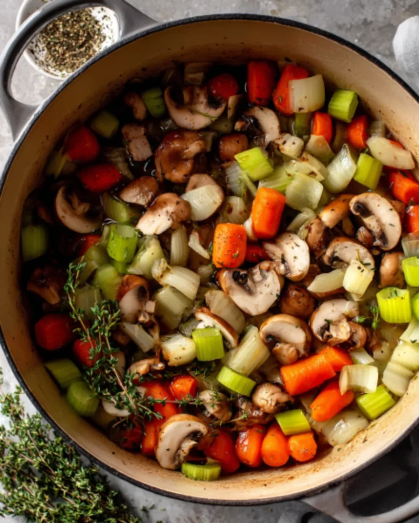 Chopped carrots, celery, onions, mushrooms, and thyme cooking in a Dutch oven for autumn wild rice soup