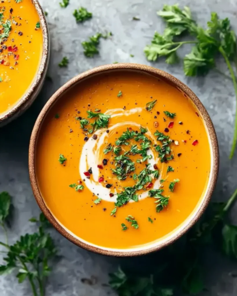 Creamy butternut squash soup topped with fresh herbs and a swirl of cream