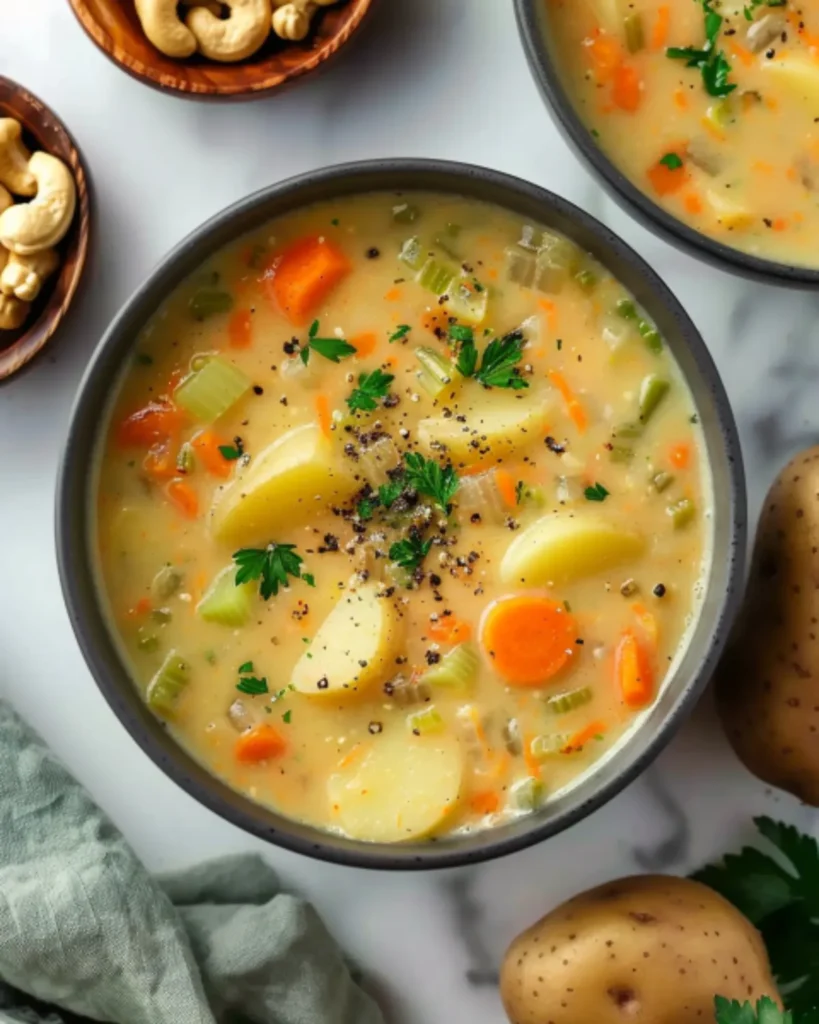 Carrot potato soup served in a bowl with fresh herbs and cracked black pepper