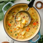 Carrot potato soup in a blue Dutch oven being ladled into a bowl