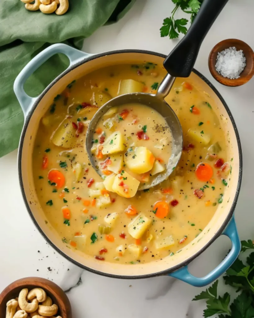 Carrot potato soup in a blue Dutch oven being ladled into a bowl