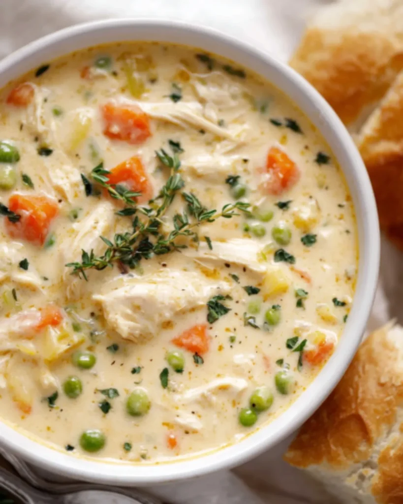 Creamy chicken pot pie soup with vegetables in a white bowl served with fresh bread