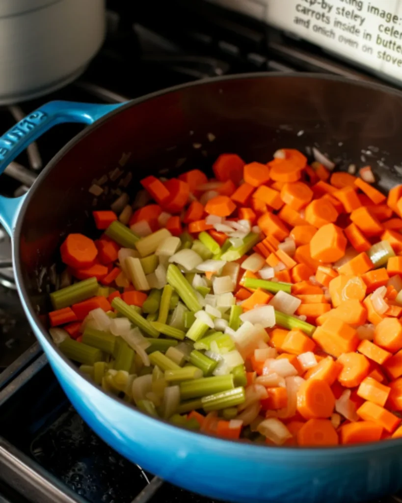 Chopped carrots, celery, and onions sautéing in a blue pot for chicken pot pie soup