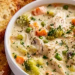 Creamy chicken pot pie soup with broccoli, carrots, and mushrooms served with toasted bread