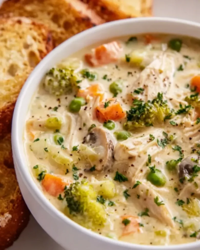 Creamy chicken pot pie soup with broccoli, carrots, and mushrooms served with toasted bread