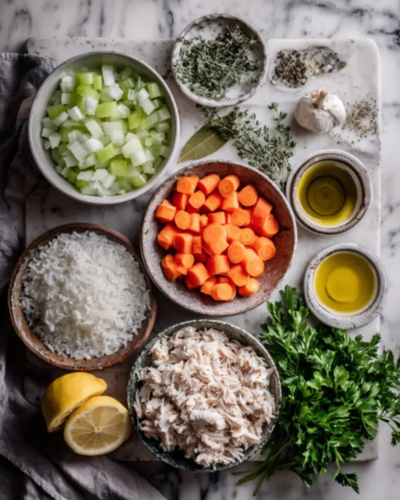 Fresh ingredients for Chicken Rice Soup including shredded chicken, carrots, rice, celery, herbs, garlic, and olive oil on a marble board
