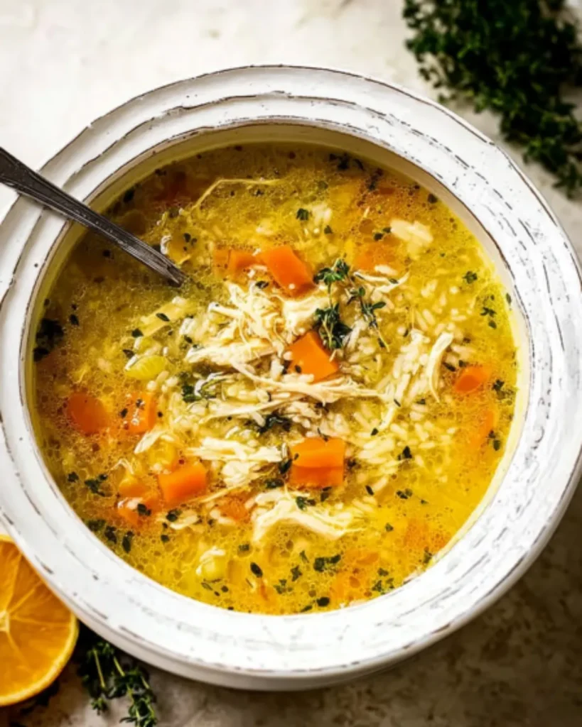 A bowl of homemade chicken rice soup with shredded chicken, carrots, herbs, and rice in a golden broth