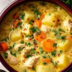 Close-up of creamy chicken soup with potatoes, carrots, herbs, and tender chicken in a deep bowl