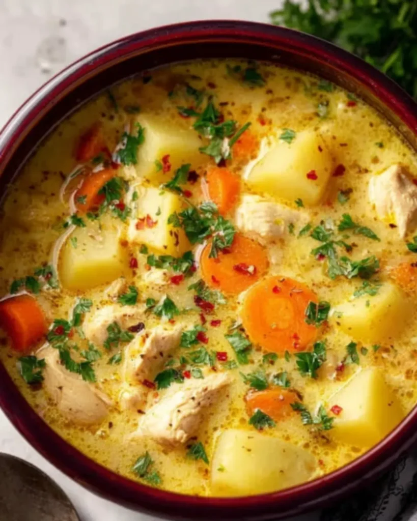 Close-up of creamy chicken soup with potatoes, carrots, herbs, and tender chicken in a deep bowl