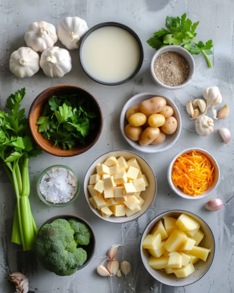 Fresh ingredients for chicken soup with potatoes including garlic, celery, cheese, milk, parsley, and broccoli