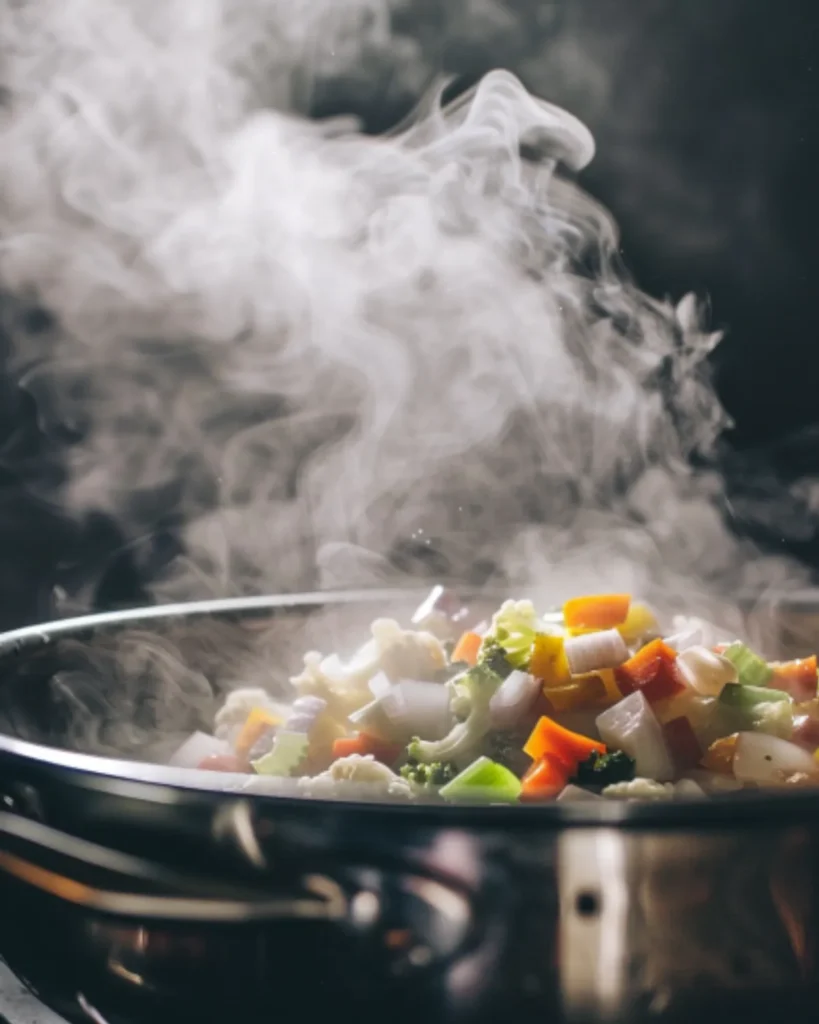 Steam rising from sautéed vegetables in a pan while making chicken soup with potatoes