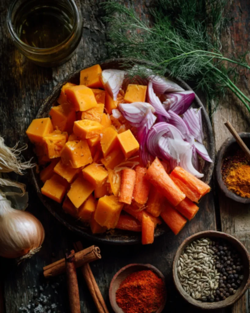 Chopped pumpkin, carrots, red onions, and spices prepared for cinnamon pumpkin soup