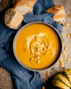 Cinnamon pumpkin soup topped with seeds and cream, served with crusty bread