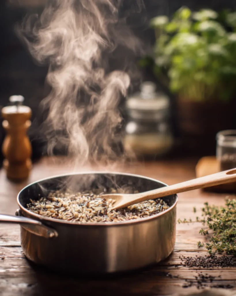 Wild rice simmering in broth for soup