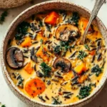 Bowl of creamy autumn wild rice soup with mushrooms, carrots, kale, and butternut squash