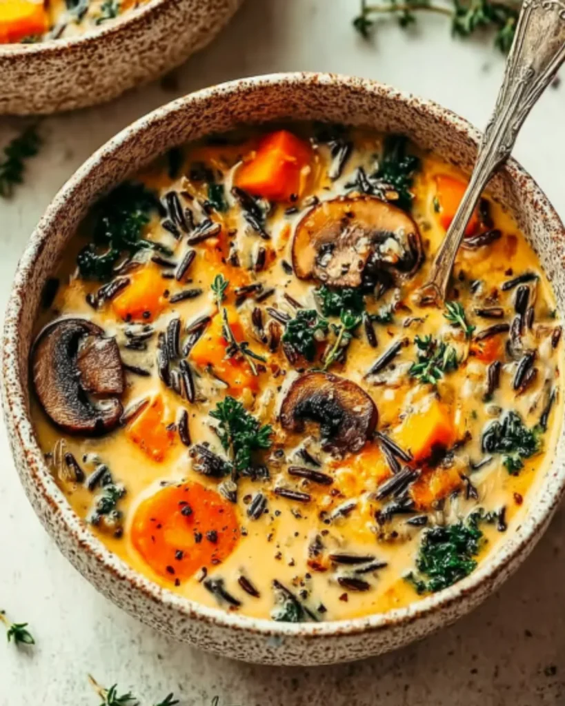Bowl of creamy autumn wild rice soup with mushrooms, carrots, kale, and butternut squash