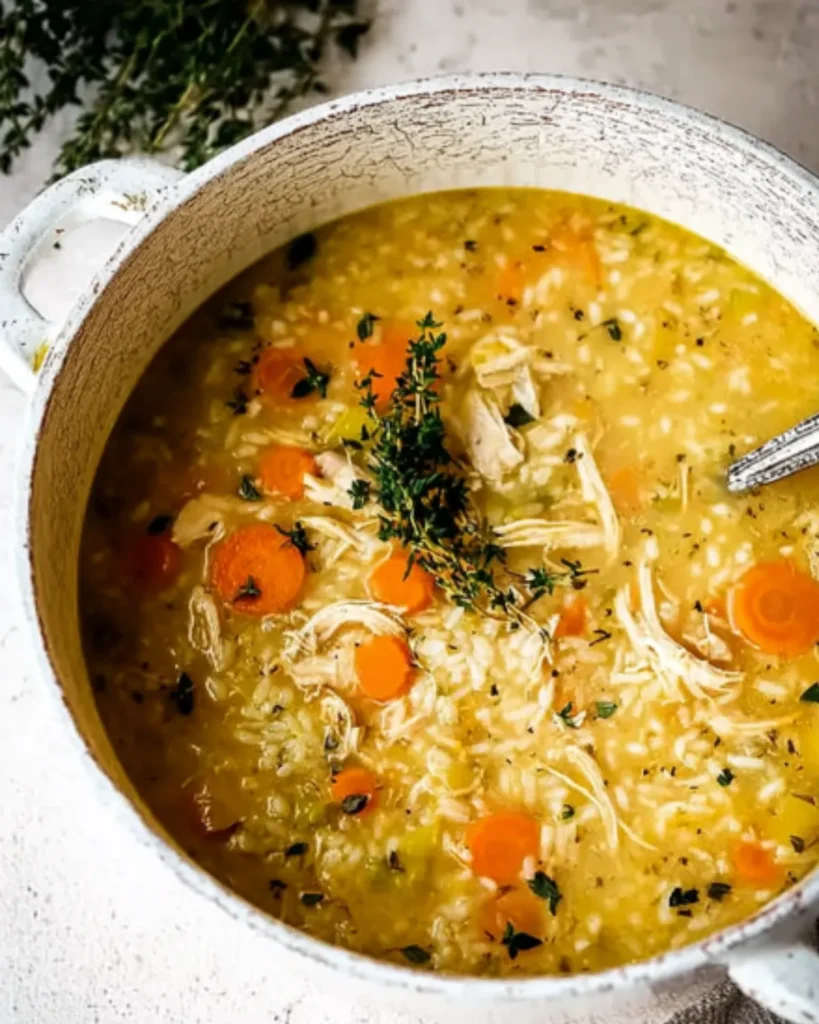 Creamy chicken rice soup with shredded chicken, carrots, and herbs in a rustic white pot
