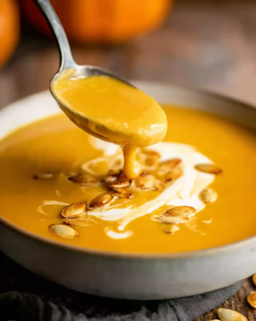 Creamy cinnamon pumpkin soup with toasted pumpkin seeds and a swirl of cream