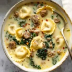 Bowl of creamy sausage and tortellini soup with kale and red pepper flakes