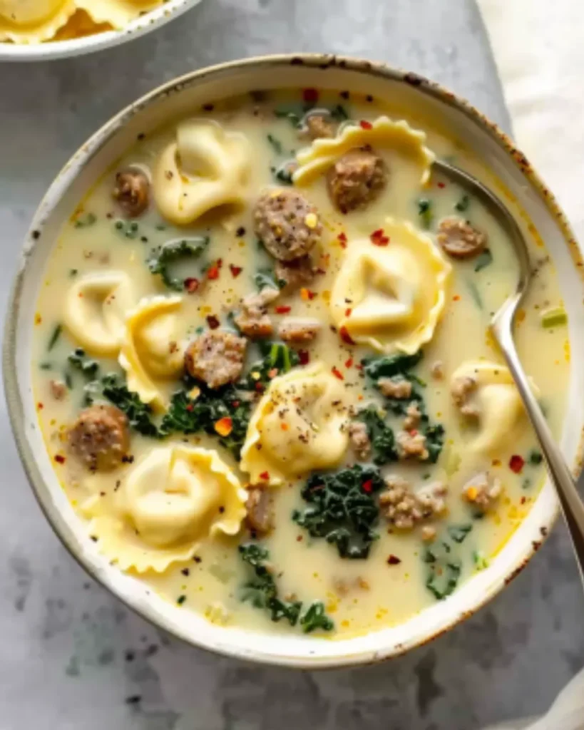 Bowl of creamy sausage and tortellini soup with kale and red pepper flakes