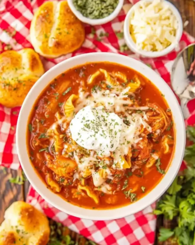 Bowl of crockpot chicken parmesan soup topped with shredded cheese and sour cream, served with garlic bread on a red checkered cloth.