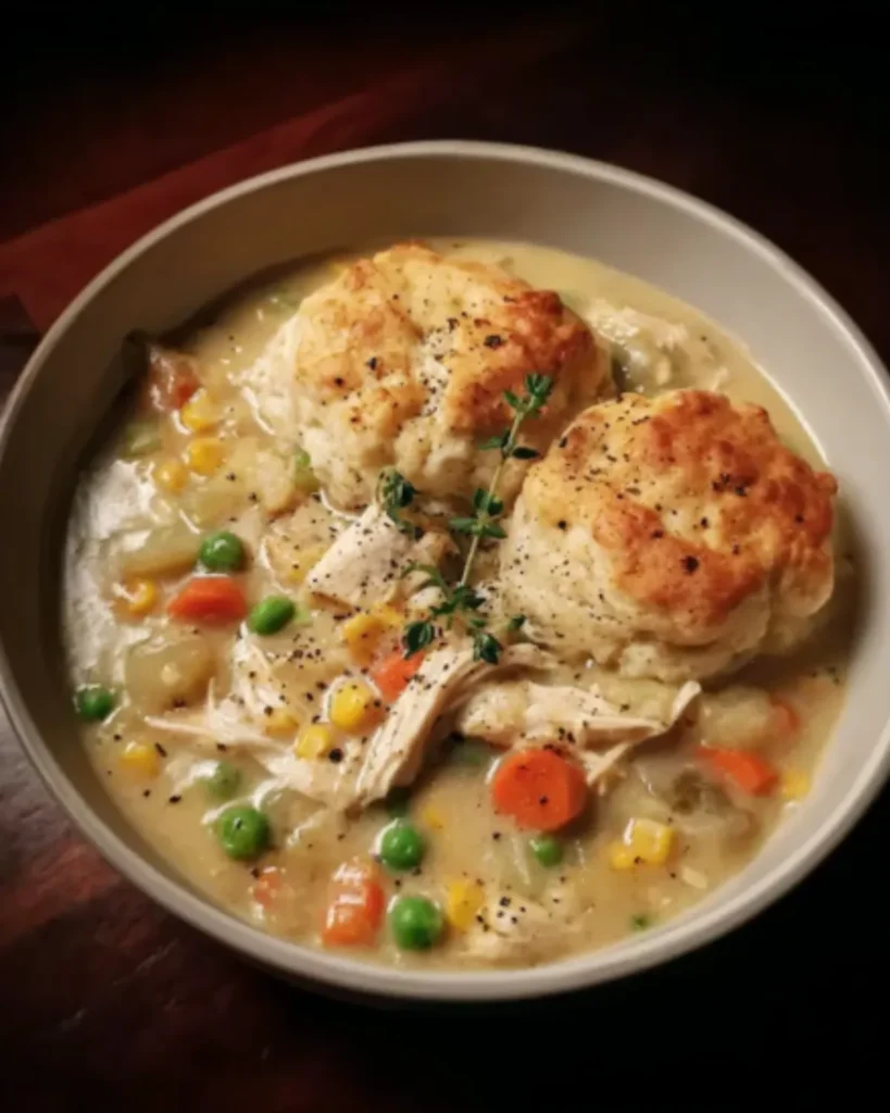 Hearty bowl of Crockpot Chicken Pot Pie Soup topped with golden biscuits, filled with tender chicken, peas, carrots, and corn in creamy broth