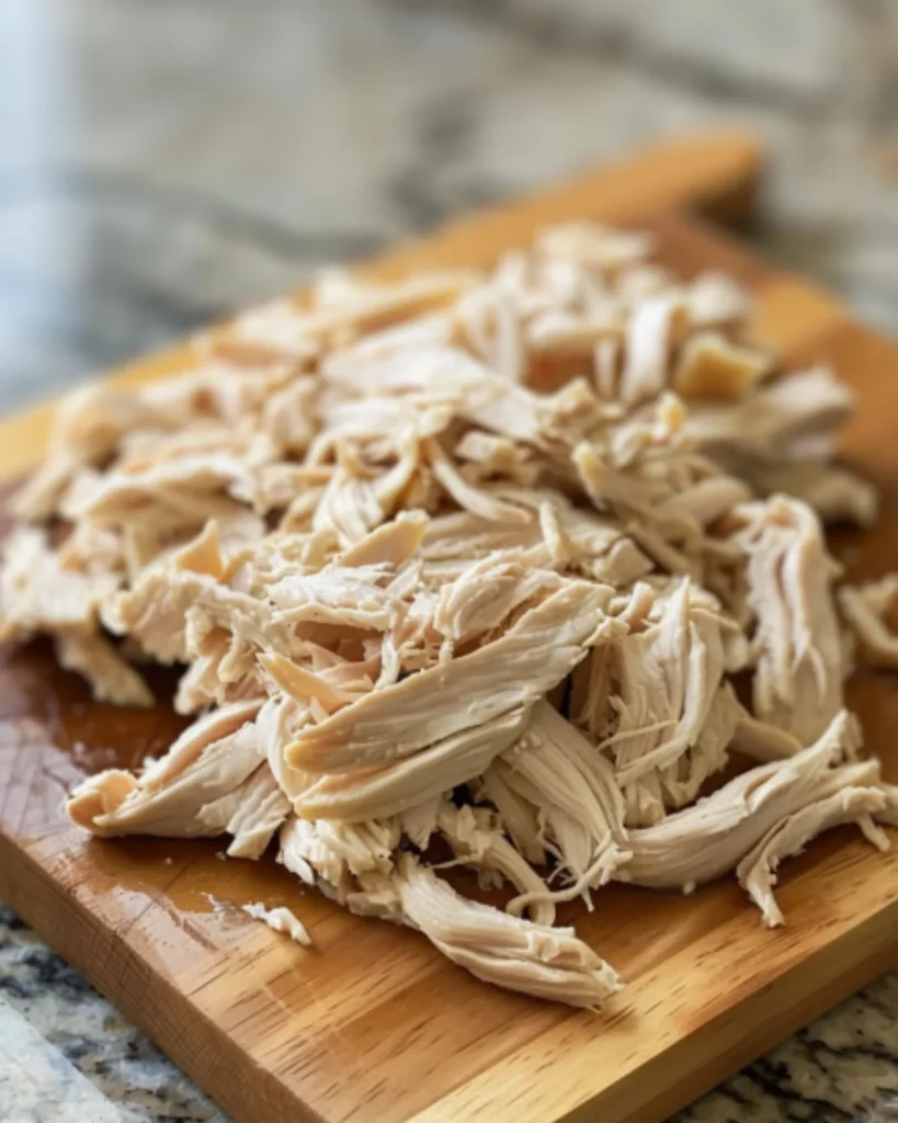 Freshly shredded chicken on a wooden cutting board, ready to be added to Crockpot Chicken Pot Pie Soup