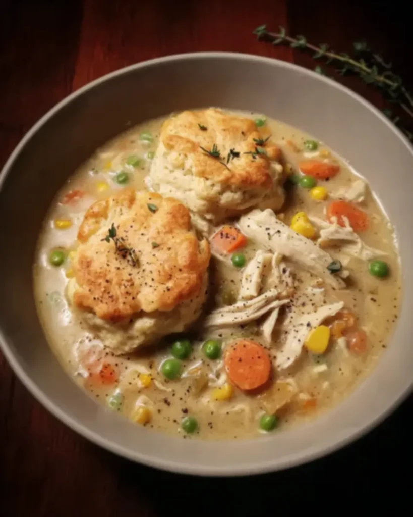 Bowl of Crockpot Chicken Pot Pie Soup topped with golden biscuits, shredded chicken, peas, carrots, and corn in creamy broth