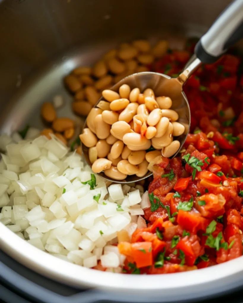 Cooking easy chicken taco soup with diced onions, white beans, and seasoned tomatoes in a pot