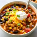 Bowl of easy chicken taco soup with corn, black beans, shredded chicken, sour cream, and cheese