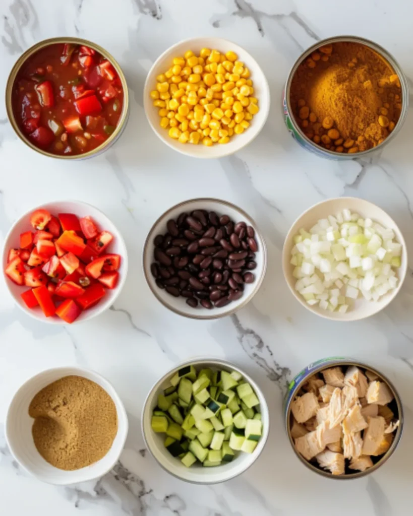Ingredients for easy chicken taco soup including corn, black beans, tomatoes, chicken, onions, peppers, zucchini, and taco seasoning