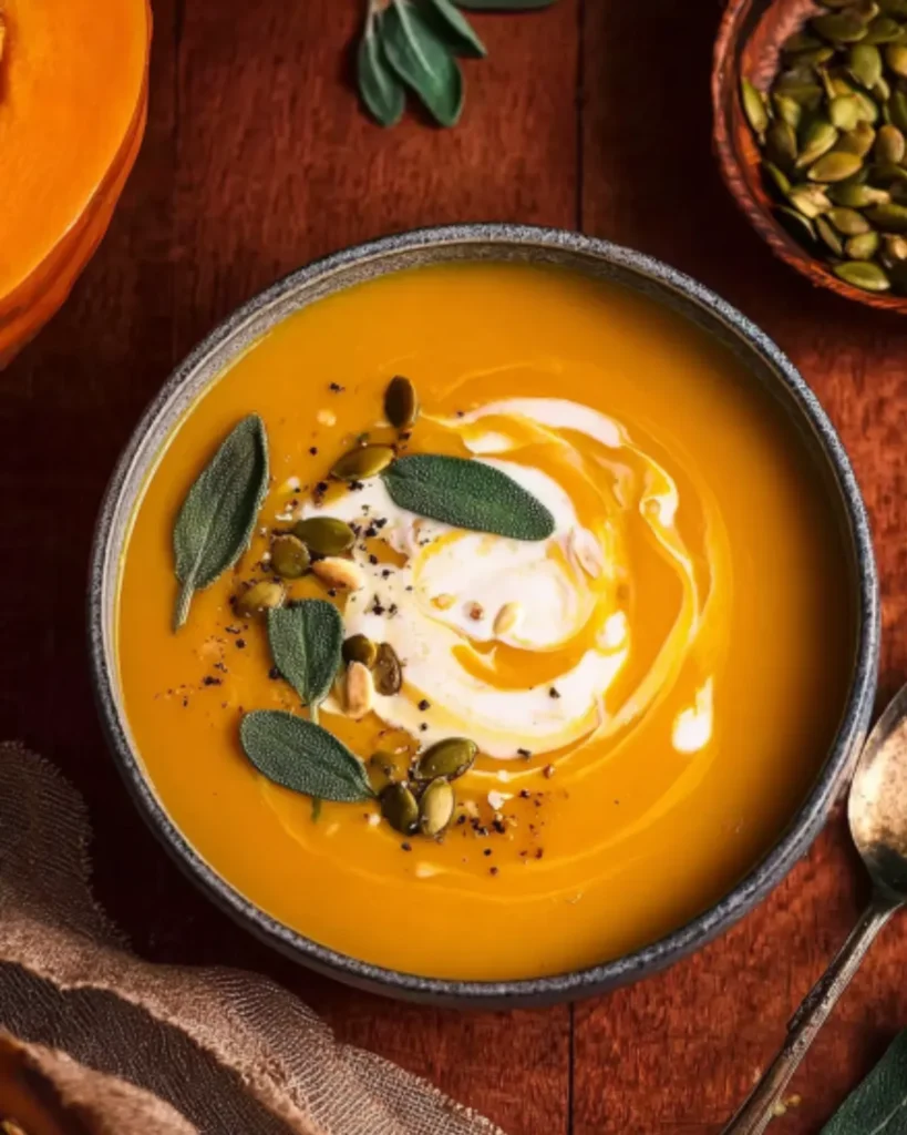 Easy pumpkin soup topped with cream, sage leaves, and pumpkin seeds in a rustic bowl.