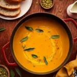 Easy pumpkin soup served in a red pot, garnished with sage leaves and cracked pepper, surrounded by bread and toppings.