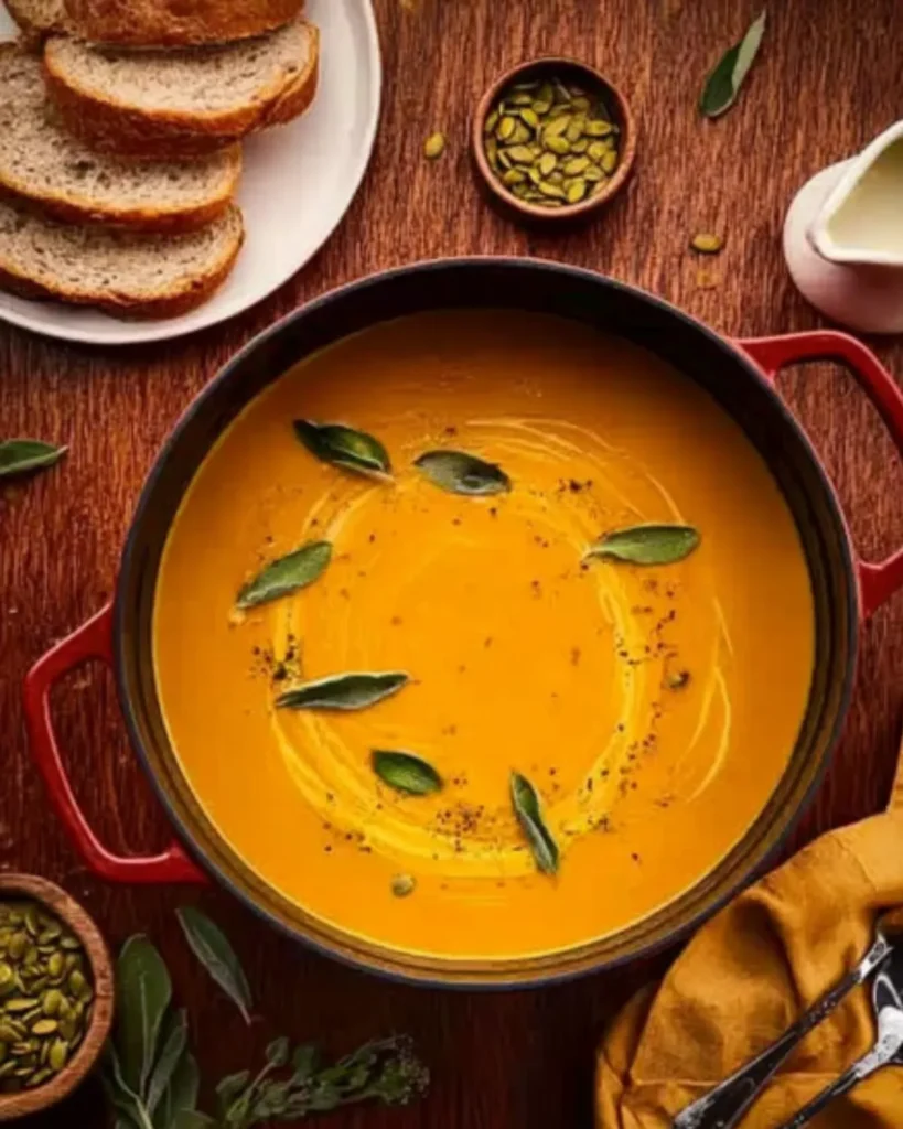 Easy pumpkin soup served in a red pot, garnished with sage leaves and cracked pepper, surrounded by bread and toppings.