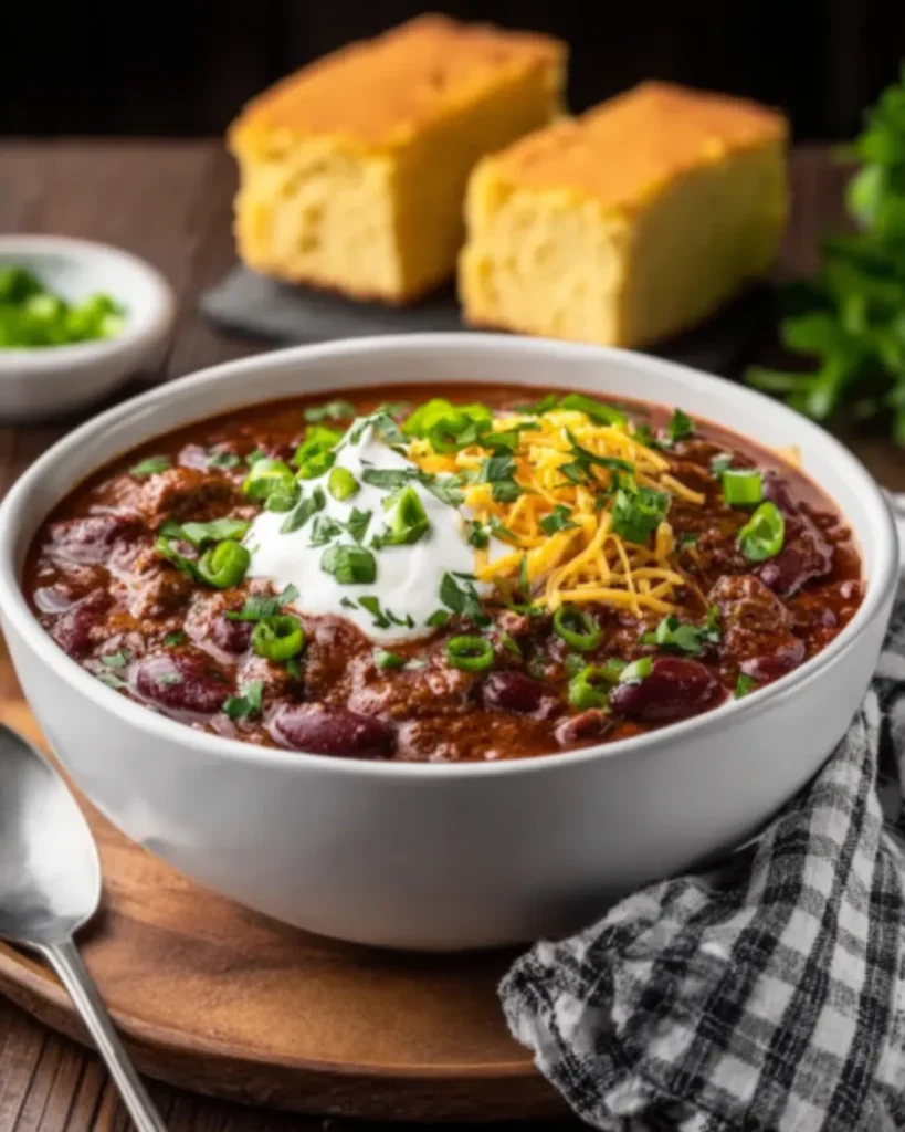 First Place Chili Recipe topped with sour cream, cheddar cheese, and green onions served with cornbread