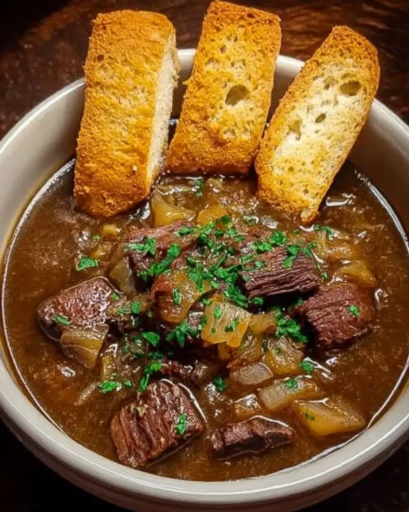 Hearty bowl of French Onion Beef Short Rib Soup garnished with herbs and served with toasted bread