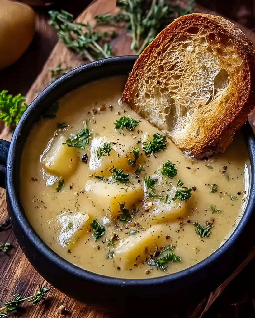 Hearty bowl of garlic herb potato soup garnished with fresh parsley and served with crusty bread