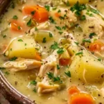 Close-up of high protein chicken pot pie soup with tender chicken, potatoes, carrots, and herbs in a creamy broth