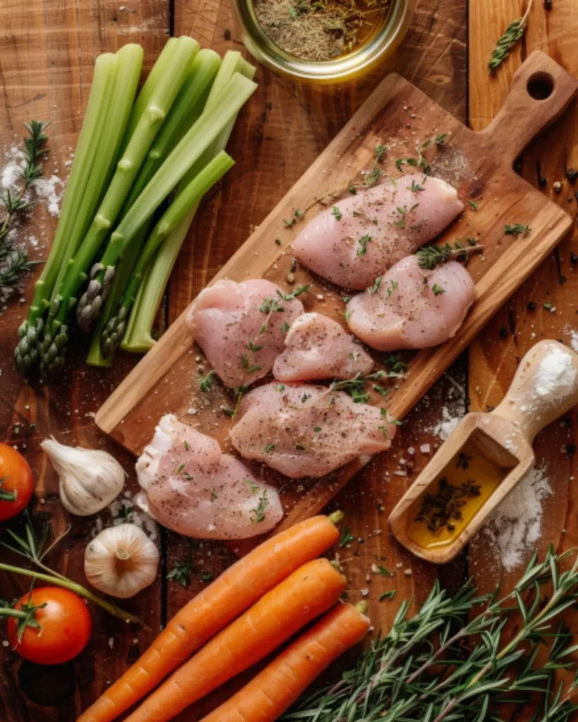 Fresh ingredients for high protein chicken pot pie soup including raw chicken, carrots, celery, garlic, herbs, and olive oil