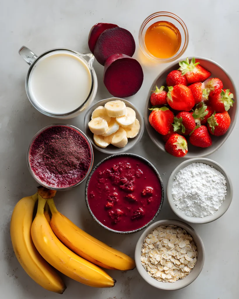 Ingredients for Homemade Acai Smoothie Bowl including bananas, strawberries, oats, honey, milk, and acai