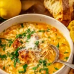 Bowl of Italian Penicillin Soup with shredded chicken, herbs, grated parmesan, and crusty bread