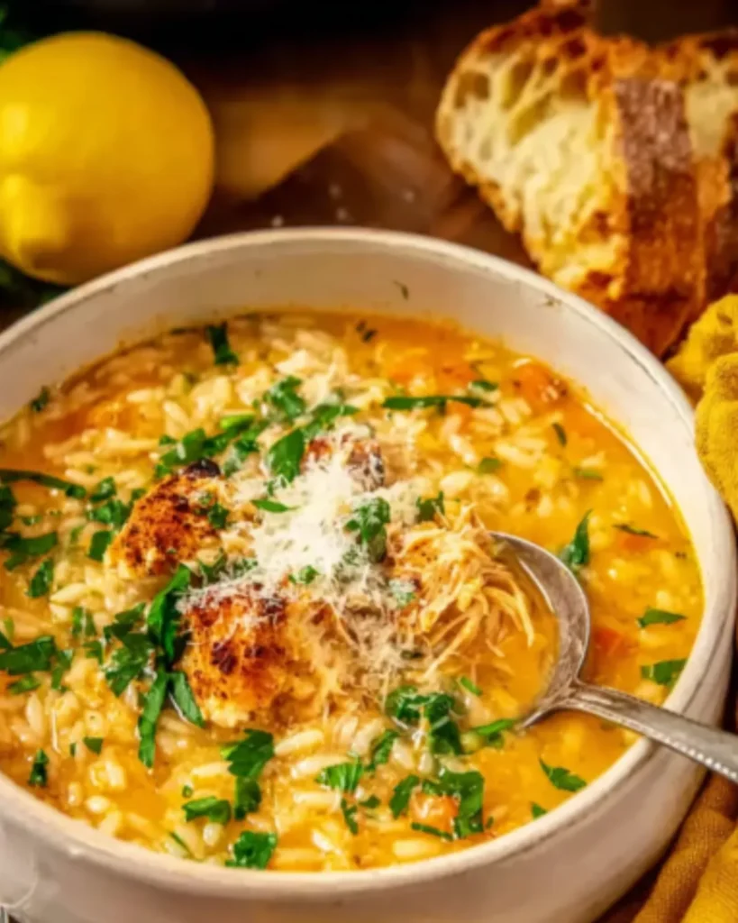 Bowl of Italian Penicillin Soup with shredded chicken, herbs, grated parmesan, and crusty bread