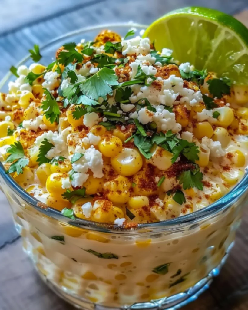 Creamy Mexican Street Corn Soup topped with cotija cheese, chili powder, cilantro, and lime
