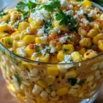 Mexican Street Corn Soup in a glass bowl garnished with cotija cheese, chili powder, and cilantro