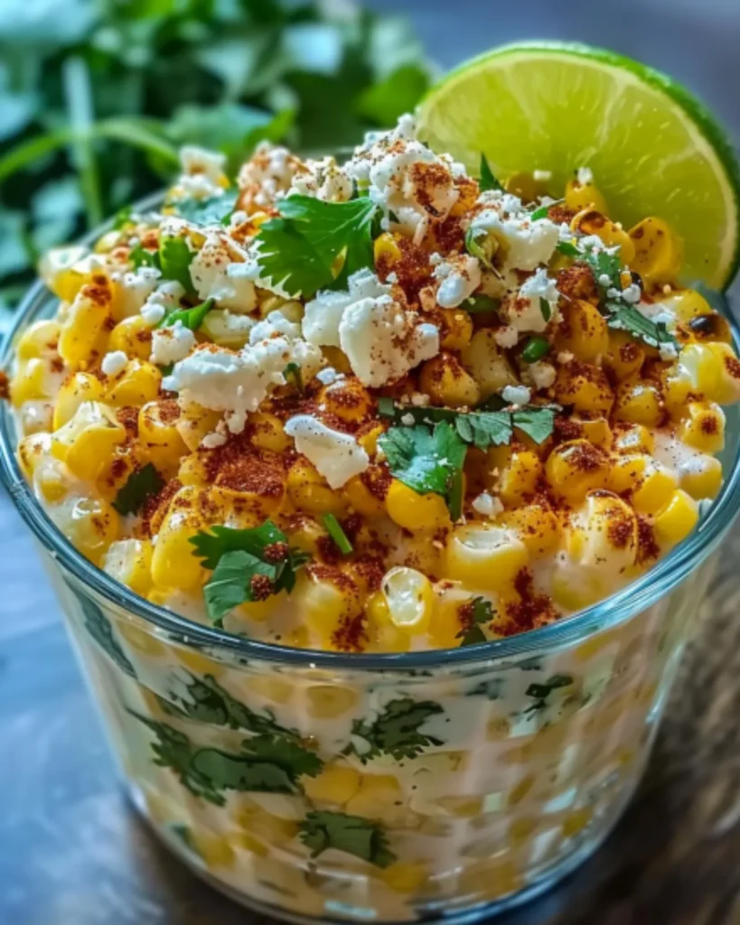Mexican Street Corn Soup in a glass cup topped with cotija cheese, chili powder, cilantro, and a lime wedge
