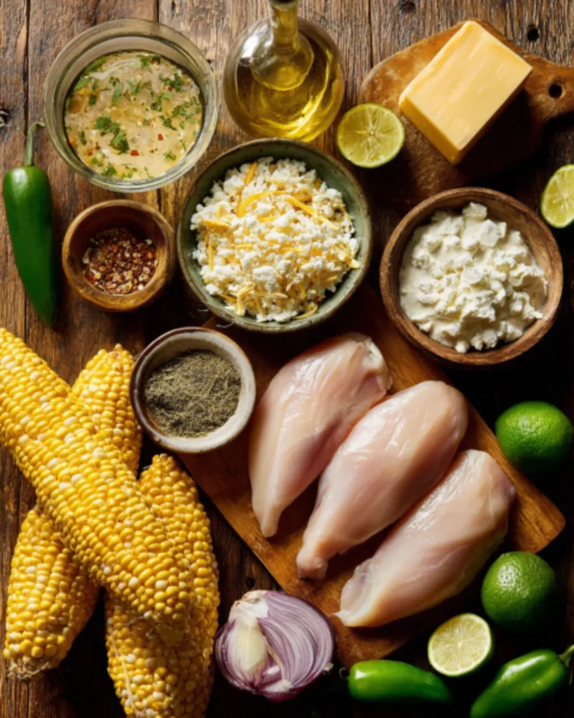Fresh ingredients for Mexican Street Corn White Chicken Chili including corn, chicken breasts, cheese, lime, spices, and herbs