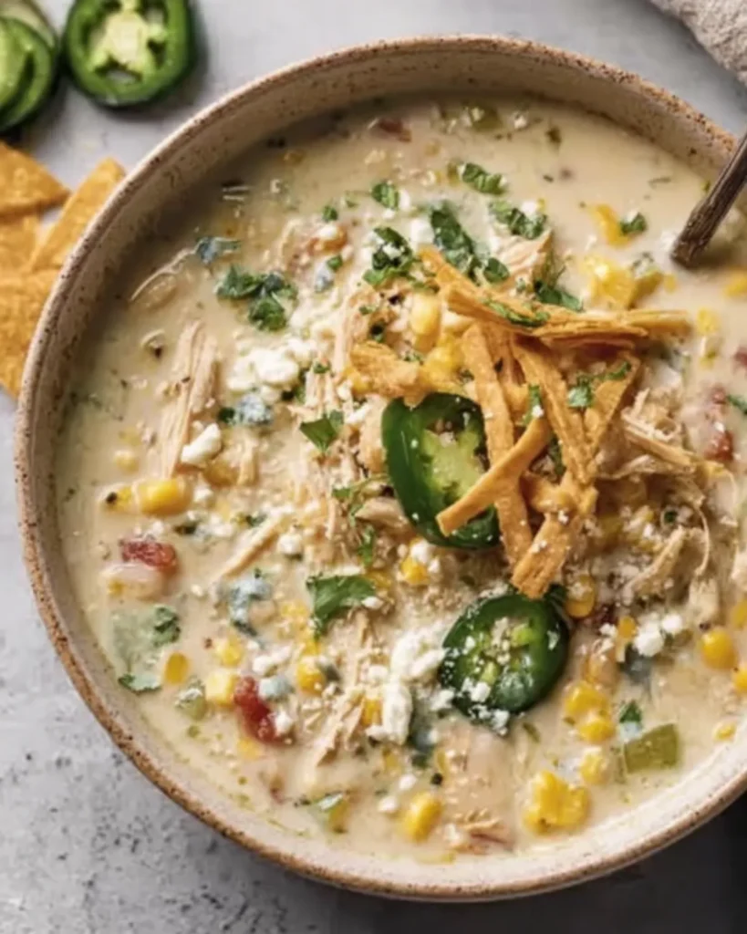 Mexican Street Corn White Chicken Chili in bowl with toppings
