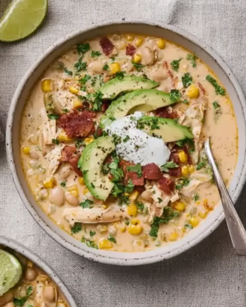 Mexican Street Corn White Chicken Chili topped with avocado slices, crispy bacon, sour cream, and fresh herbs