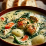 Creamy Olive Garden Chicken Gnocchi Soup in a bowl with vegetables and bread slices